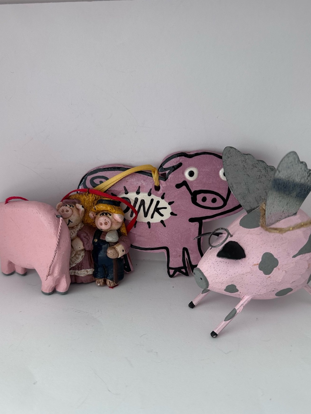 Lot Of 4 Hand Carved Wood Clay PIG THEMED ORNAMENTS